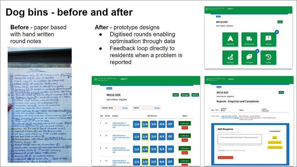 Dog bin route notes — before and after