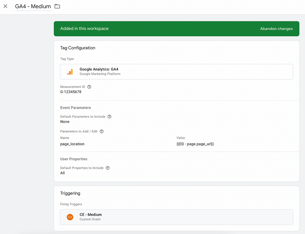 The tag triggers on the page_view and click events. The page.page_url parameter is added as the GA4 page_location parameter.