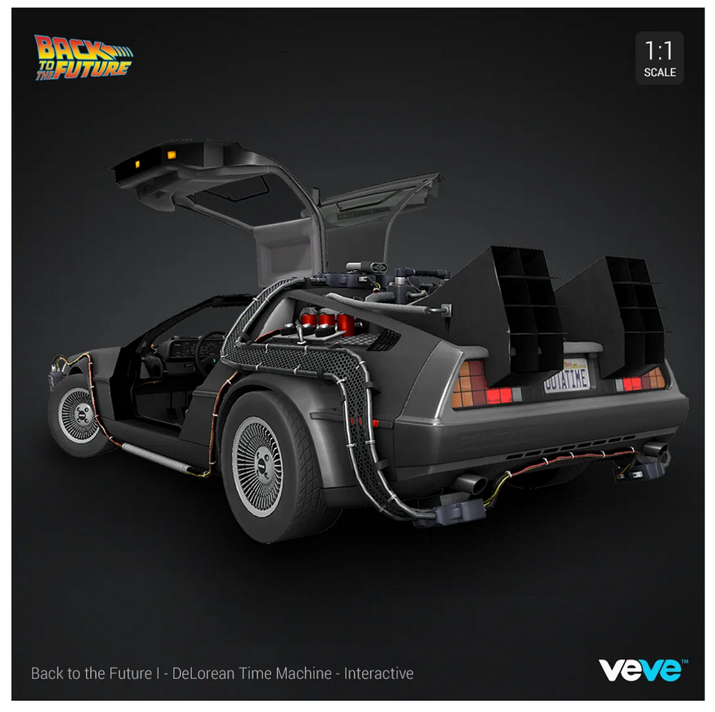 Universal Pictures Back-to-the-Future DELOREAN Interactive, Drivable Digital Collectible from the VeVe App: https://medium.com/veve-collectibles/the-delorean-time-machine-nfts-847086272497