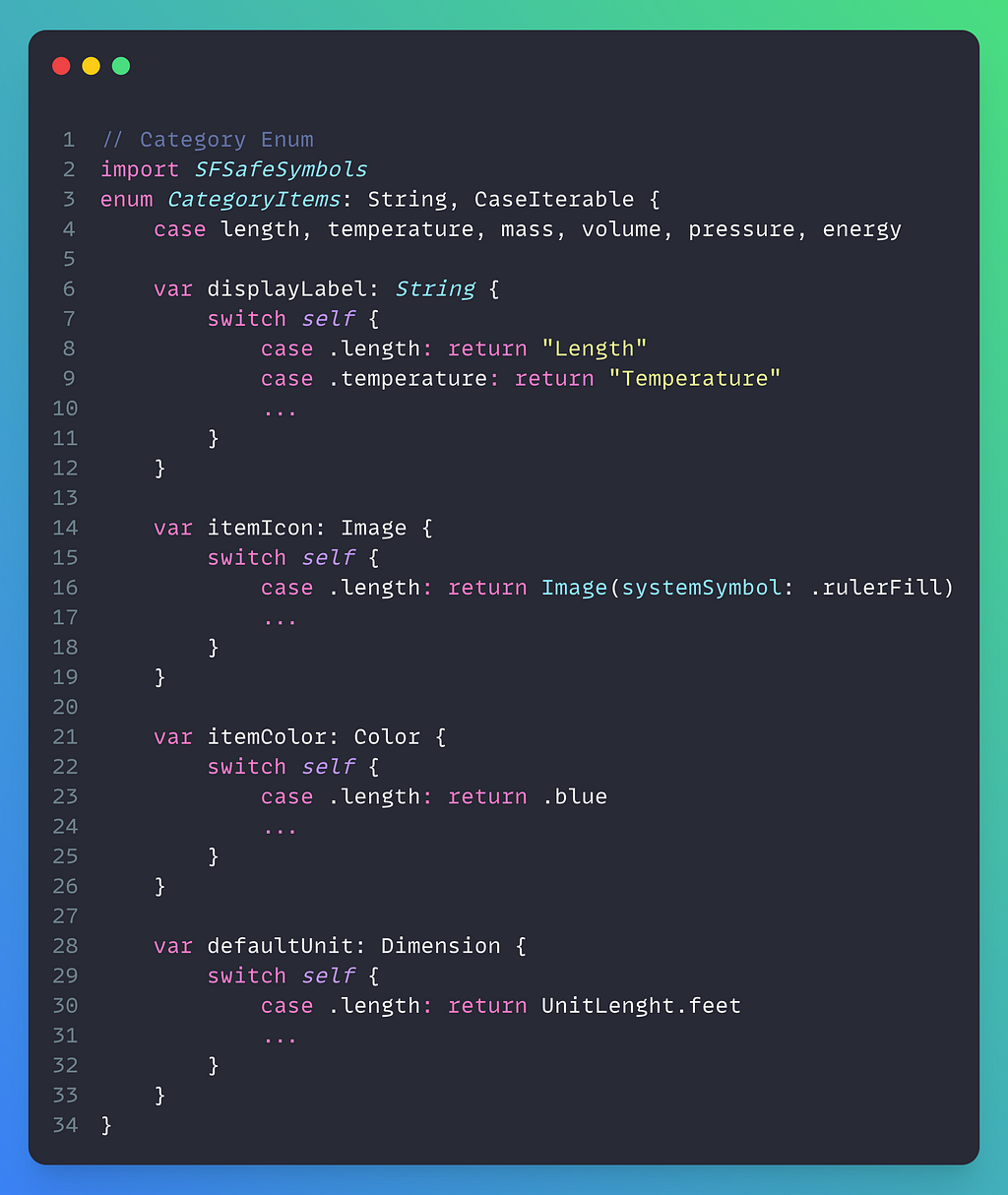 Code Snippet for setting up Enum class for Category Items in Swift.
