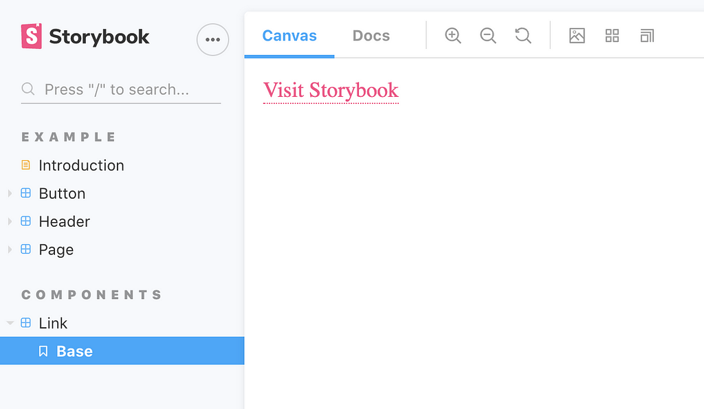 Storybook interface rendering link component