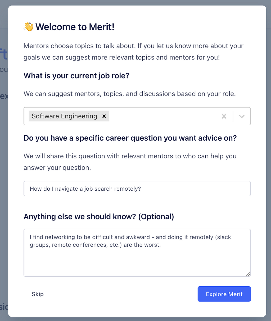 Screenshot of Merit’s profile set up that asks questions about your role and what you’re looking for