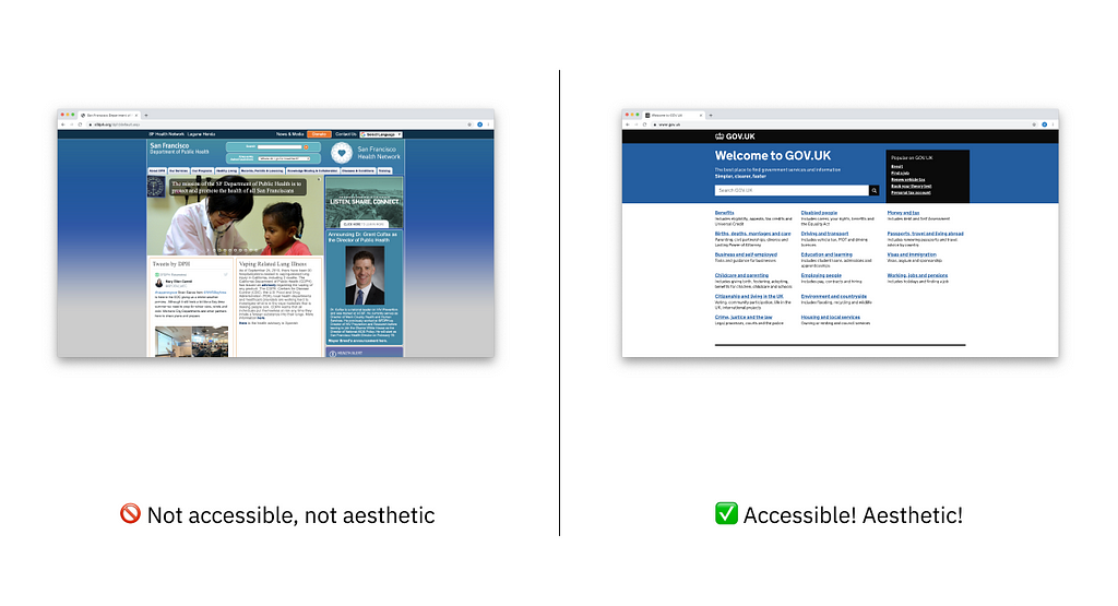 Comparison of the SF Public Health site (not accessible, not aesthetic) with the Gov.UK site (accessible! aesthetic!)