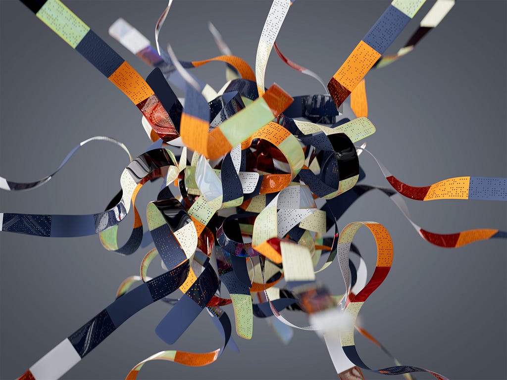 A ball of tangled strips of digital information in dark blue, light green, and orange.