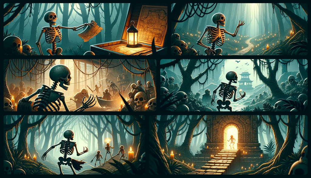 Cinematic horizontal snapshot sheet telling the adventurous story of a detailed skeleton character. Scene 1: The skeleton finds a mysterious map in an old attic. Scene 2: Journeying through a dense, misty forest, it stumbles upon an ancient temple. Scene 3: Inside the temple, the skeleton narrowly escapes a series of booby traps. Scene 4: Triumphantly, the skeleton discovers a hidden treasure chest glowing with a mysterious light. Each scene captures the essence of the story, with consistent and