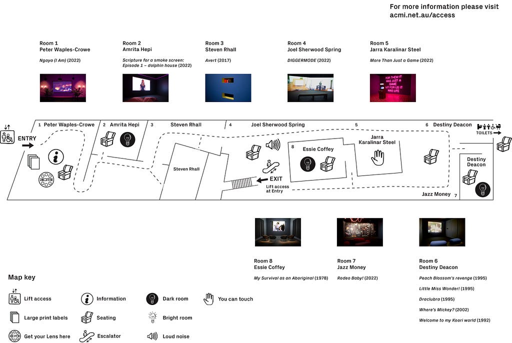 An image of the Sensory Guide for ‘How I See It: Blak Art and Film’ featuring a map of Gallery 4. The Sensory Guide includes icons communicating sensory stimuli, services and facilities.