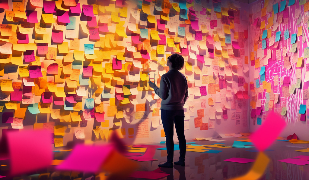 A person staring at a wall filled with Post-It notes