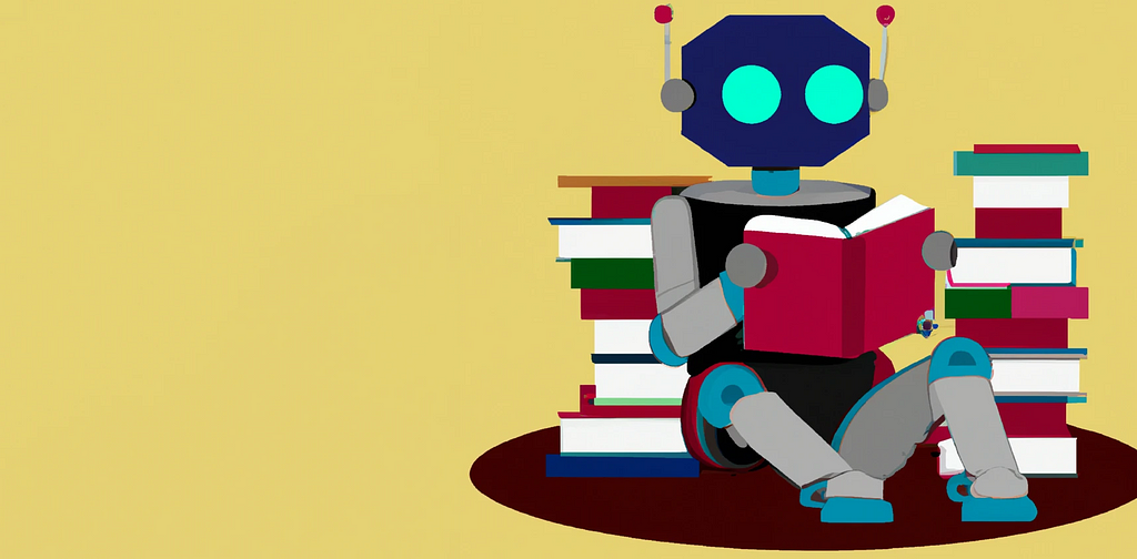 an illustration of a robot reading a stack of books