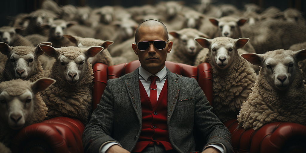 A severe looking man in a suit red tie sitting in a red leather chair surrounded by a very angry looking sheep