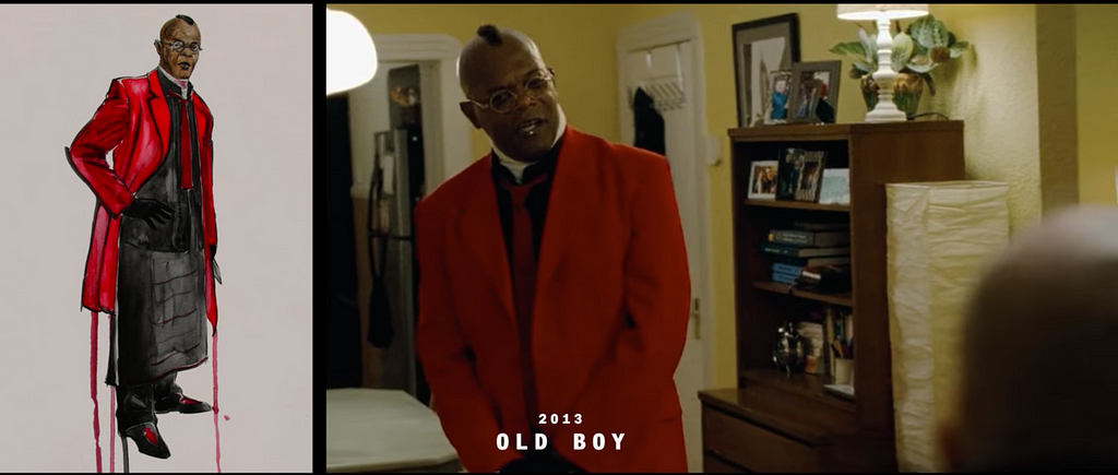 Samuel L Jackson wearing a red suit on the right side; a sketch of this costume on the left hand side.