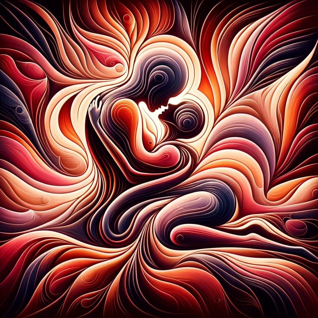 An abstract image of two figures, made of swirling lines, embracing.