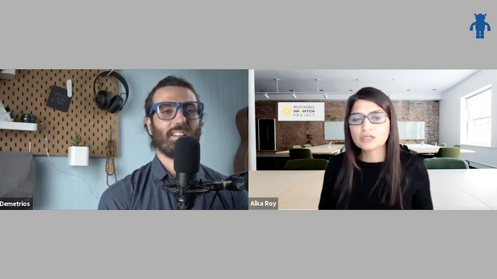 Screenshot of a virtual talk with a man and Alka Roy on YouTube.