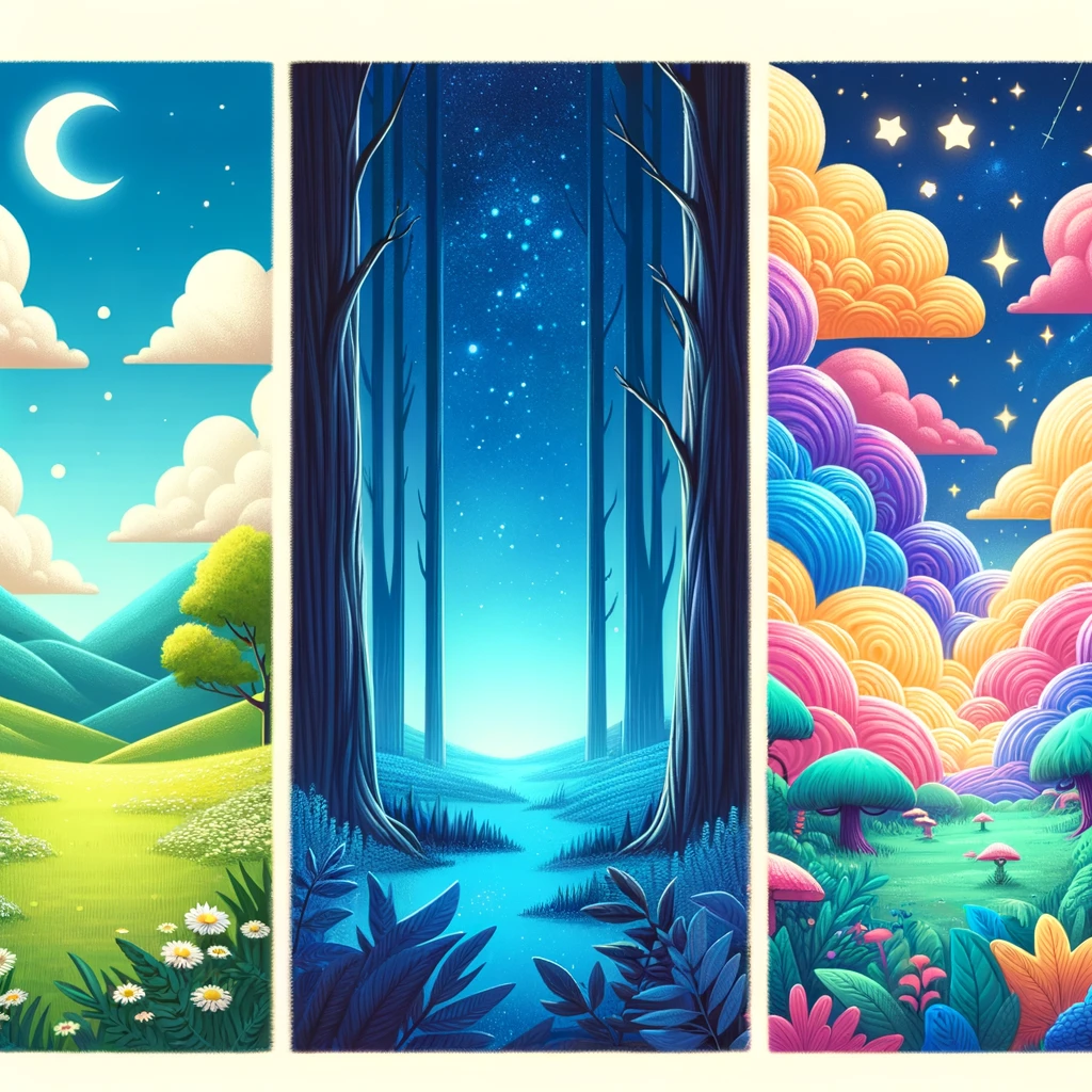 Dreamy landscape depicting the stages of sleep: serene meadow for light sleep, tranquil forest for deep sleep, and a whimsical realm with dream-like figures for REM sleep