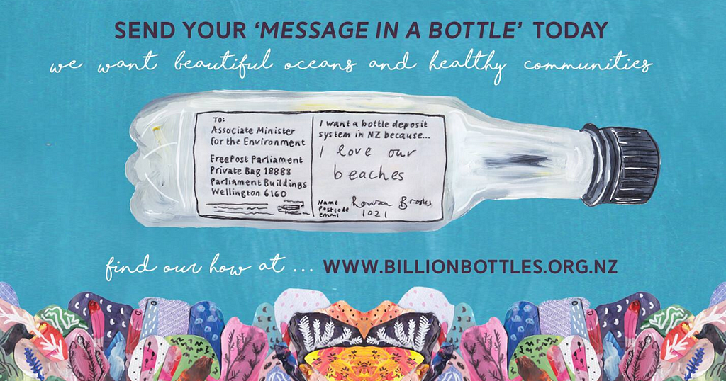 A graphic saying: Send your ‘message in a bottle’ today. We want beautiful oceans and healthy communities.