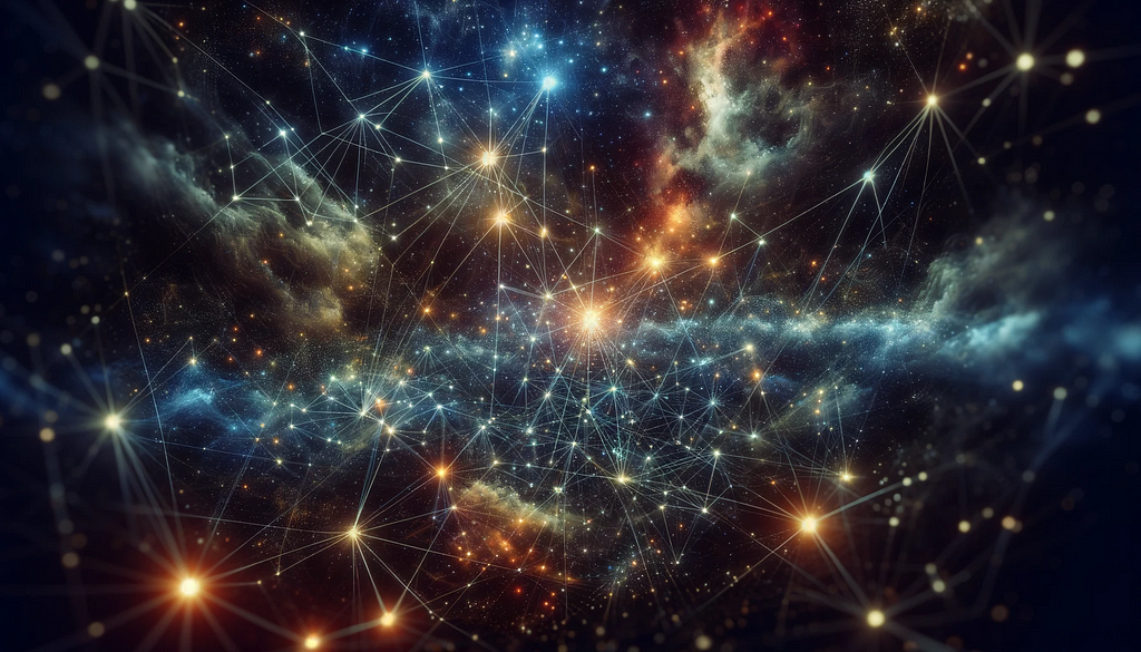 A starry night sky with interconnected stars symbolizing a complex network of interactions.