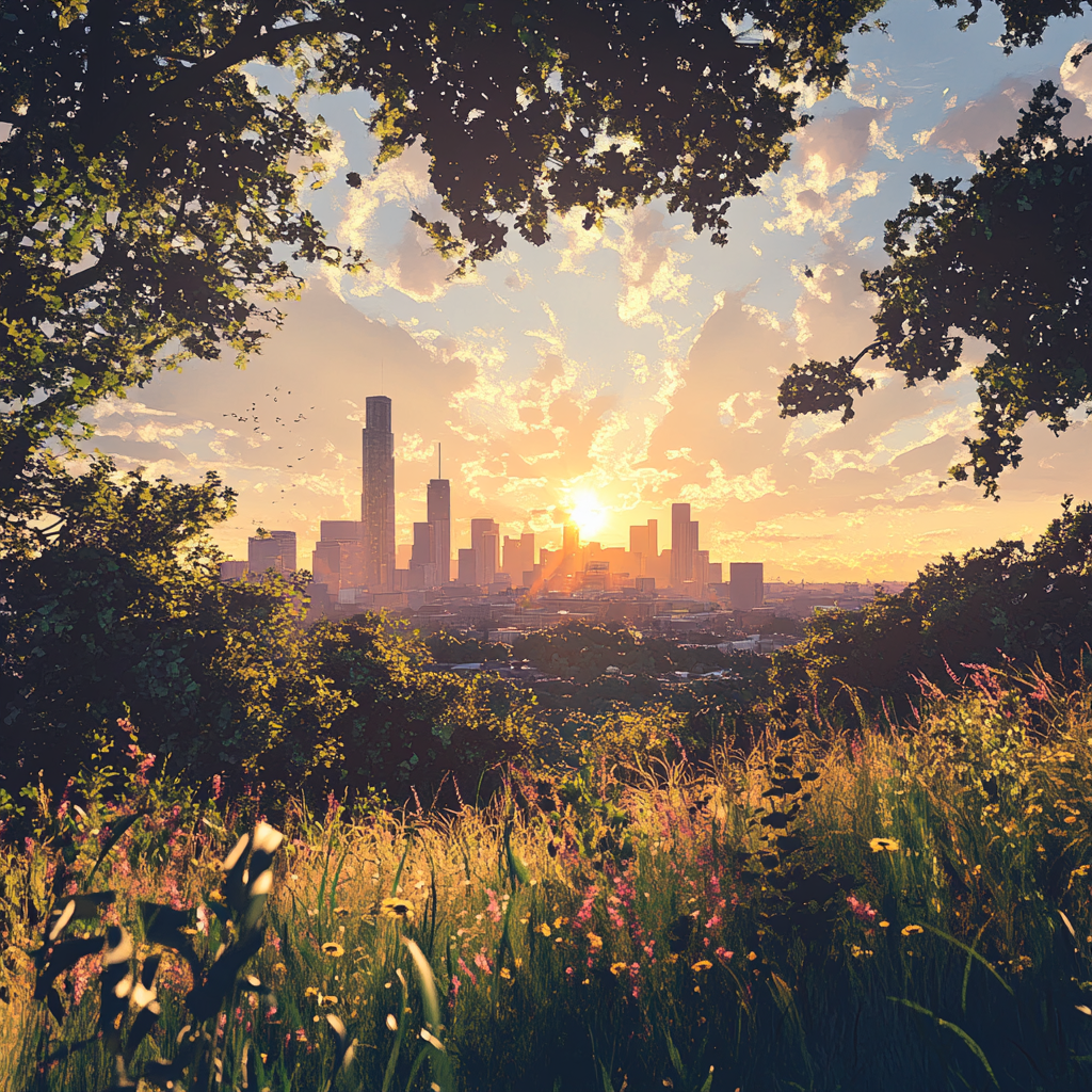 sunrise over a city skyline