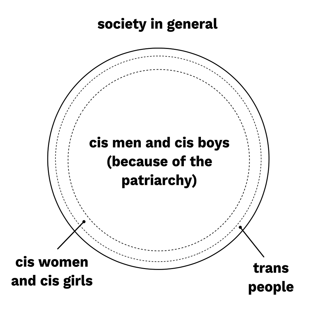 Title: Society in general. Diagram. Large circle with two outer rings. Centre of the circle is largest and is marked: cis men and cis boys (because of the patriarchy). Next ring out is labelled: cis women and cis girls. Next ring out after that is labelled: trans people.