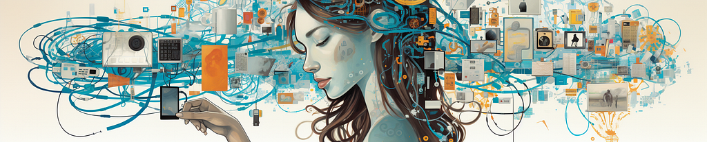 Artwork by the Author, a digital composite illustration of a female figure softly holding a smartphone while looking somberly downward while clusters of random objects and activies float around here symbolizing the amount of information she engages with everyday.