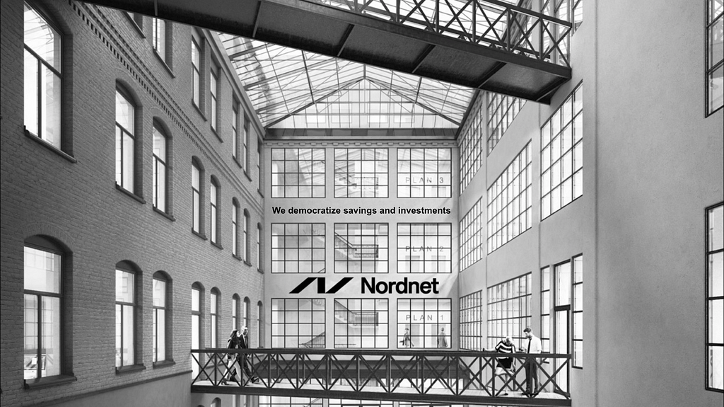 Picture shows a black and white view of the the Nordnet Headquarters.