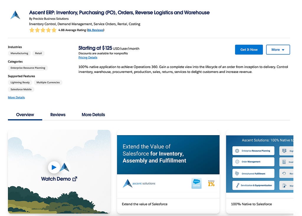 Salesforce AppExchange Ascent ERP Listing