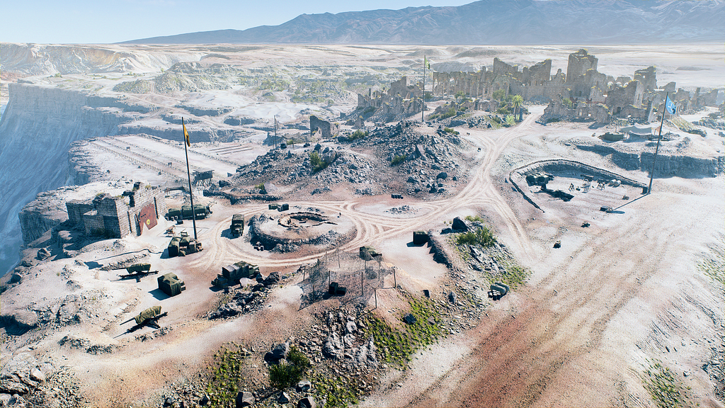 The Practice Range with from right to left, at the blue flag an airstrip, at the yellow flag the shooting trials.