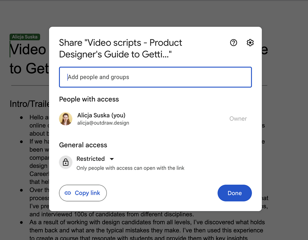 Modal share dialog — Google Docs