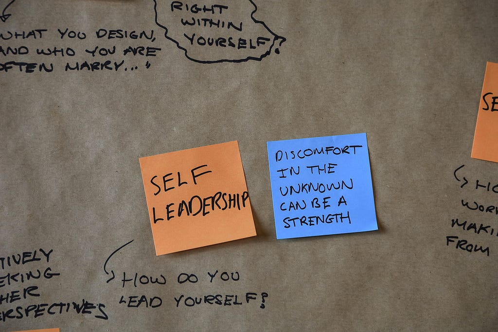 Brown paper with words and two posts its. One post-it is orange and says self-leadership. One post-it is blue and says discomfort in the unknown can be a strength. Other visible scribbles say ‘How do you lead yourself’ and ‘What you design and who you are often marry’