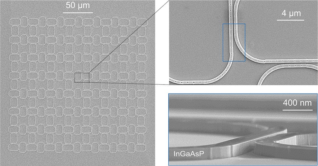 Microscope images of the researchers’ photonic chip.