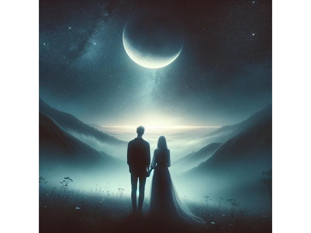 A couple hand in hand under a new moon symbolizes the beginning of a journey with a moon phase soulmate in a mystical, starlit landscape.