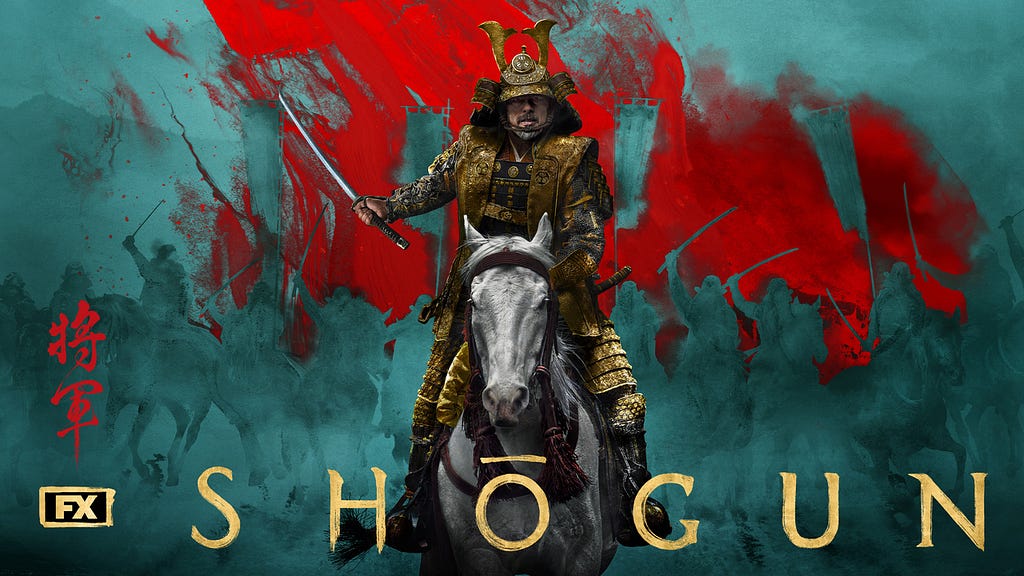 Official Poster of Shogun showing Toranaga in armour with an unsheathed sword, riding a horse.