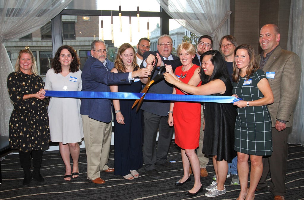 The Mahoning Matters team cuts a symbolic ribbon at the website’s launch party on Oct. 10, 2019.