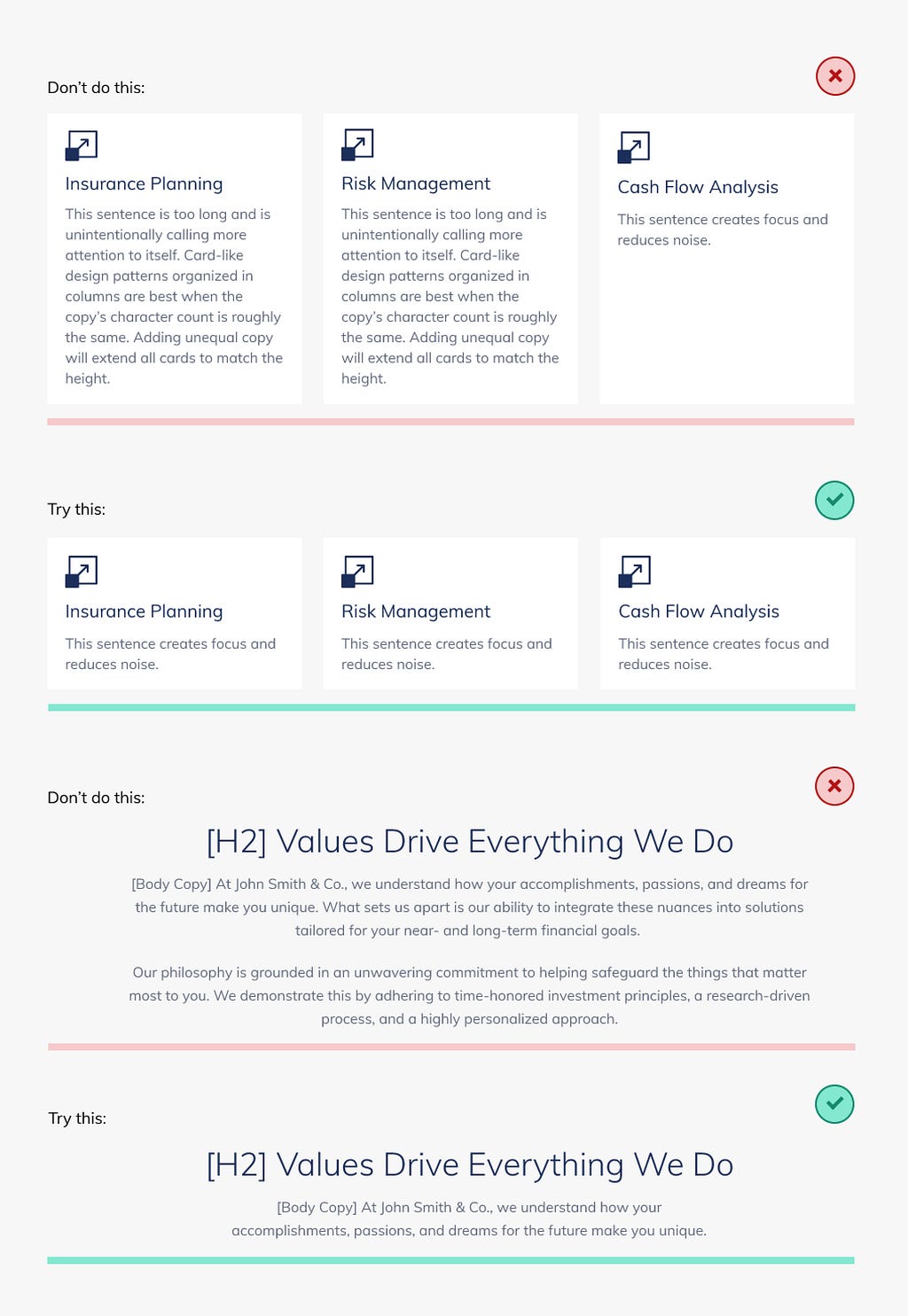 A visual comparsion between too much copy and minimal copy.