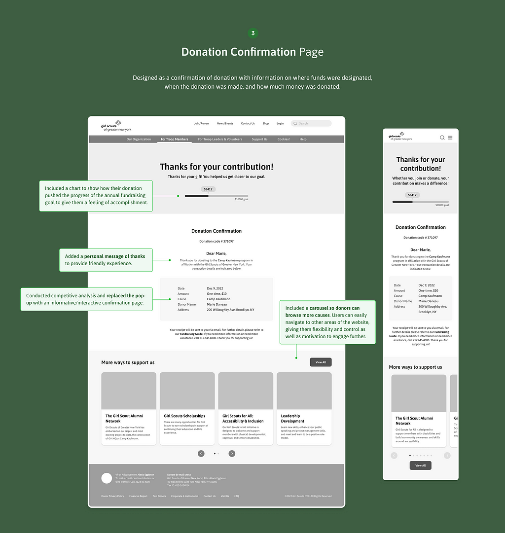 Mid-fidelity prototype with annotation on the donation confirmation page.
