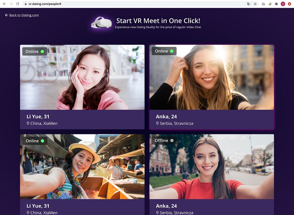 Profile photos and names of four women on a Dating.com dating website interface with status indicators showing two users as online and one as offline. Top left: A smiling Asian woman in a pink sweater indoors. Top right: A smiling Caucasian woman with sunlight flaring, outdoors. Bottom left: The same Asian woman smiling in a boat at a floating market. Bottom right: The same Caucasian woman, happily posing with a selfie outdoors. The page includes a site banner promoting VR meetings.