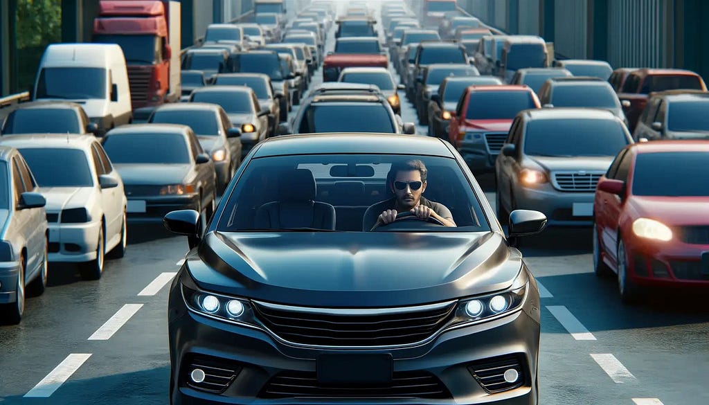 An image of driver in a car with tinted windows, stuck in heavy traffic congestion.The Role of Digital Navigation in Reducing Road Traffic Congestion