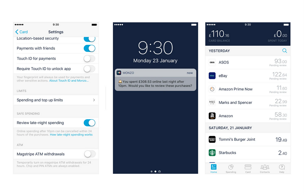Image exemplifying Monzo’s approach to challenging the friction fallacy. It consists of three screens: the first screen displays User Settings with a toggle switch for enabling “review late-night spending.” The second screen shows a notification informing the user of their total spending from the previous night. The third screen lists individual purchases with prompts indicating “pending approval” for each.