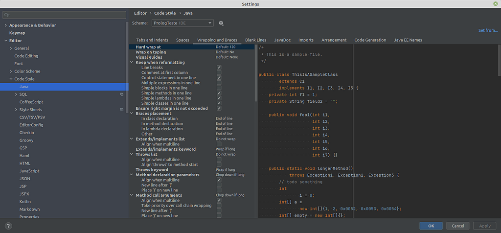 Imagem da tela de configuração de code style do Intellij