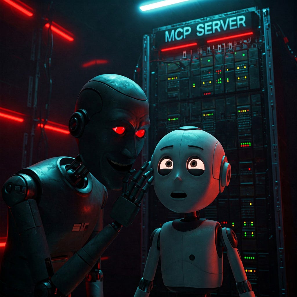 Cartoon depicting a malicious AI agent manipulating another agent to exploit an MCP server.