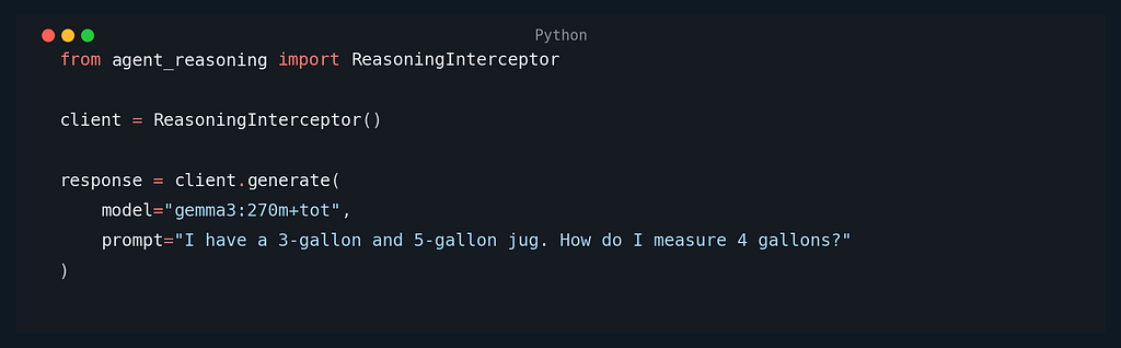 Using ReasoningInterceptor as a drop-in replacement client; strategy routing can be enabled via model name tags (e.g., +tot).