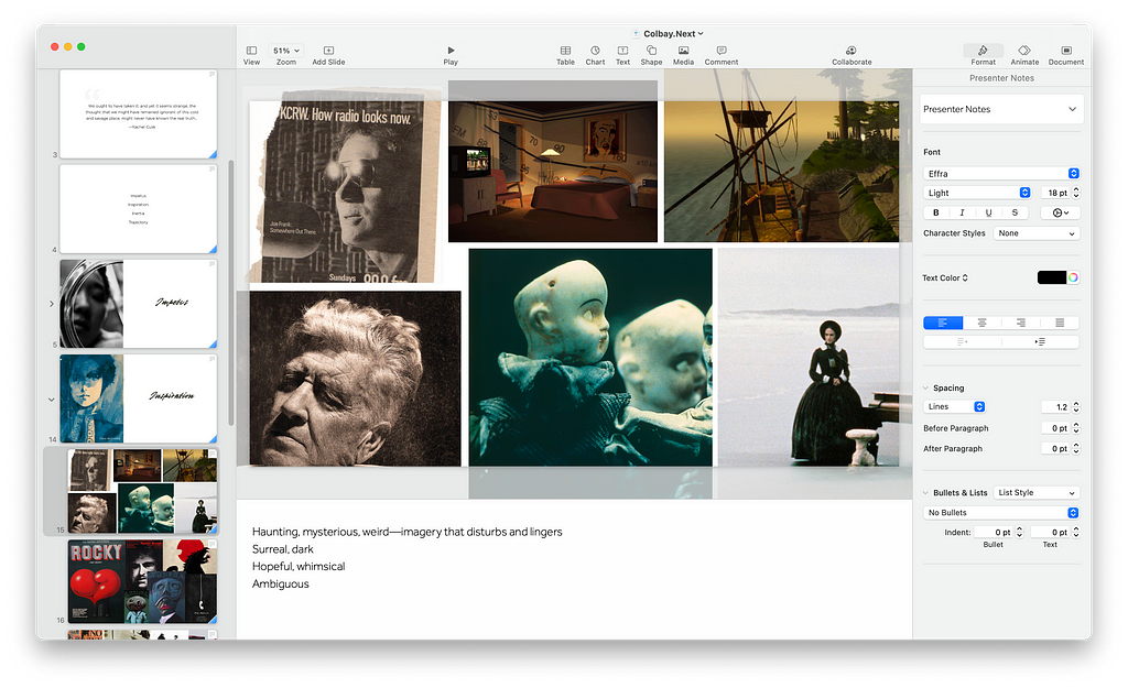 Slide in “Inspiration” section: haunting, mysterious, weird