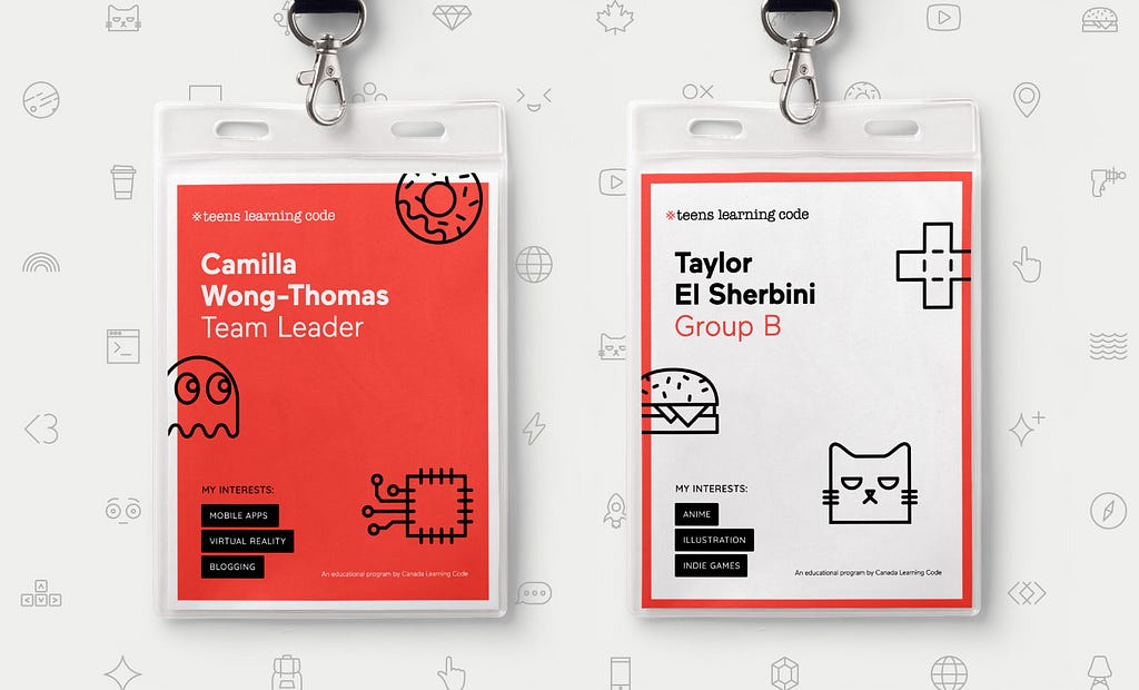Example ID badge design including custom icons and brand colours for Teens Learning Code