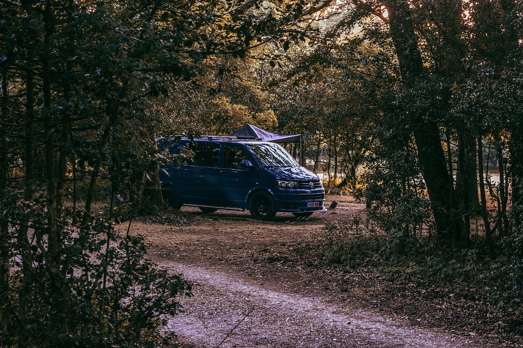 Blue VW Micro camper in a forest