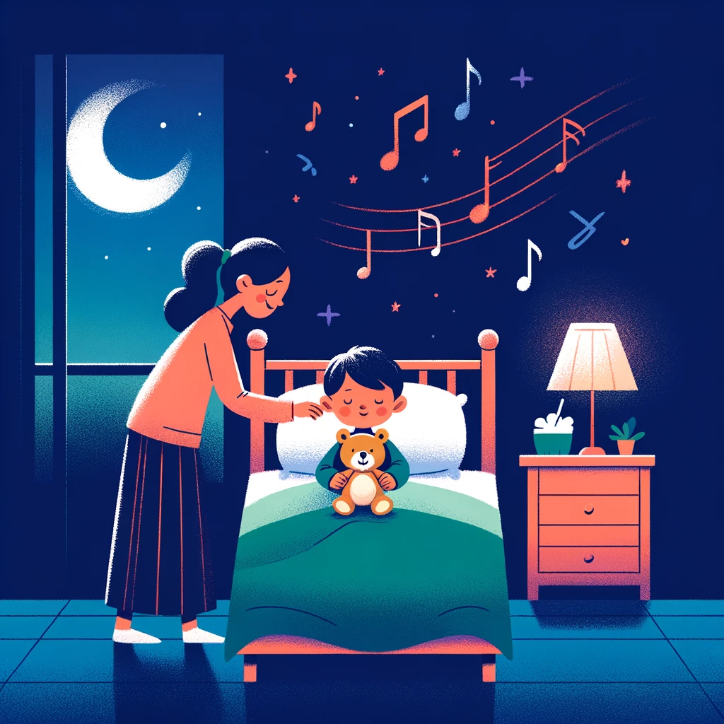 Toddler’s bedtime routine emphasizing positive sleep associations with a gentle lullaby and comforting plush toy