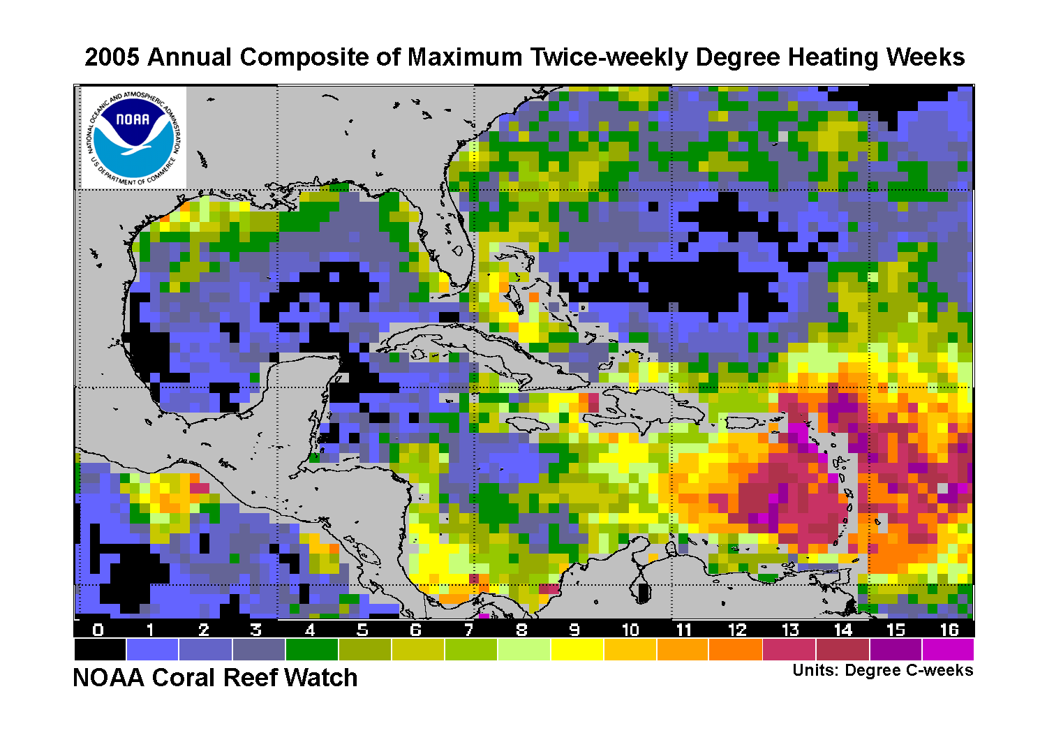 Satellite data displaying the coral bleaching event in 2005 caused by increased temperatures (Image courtesy of the NOAA).