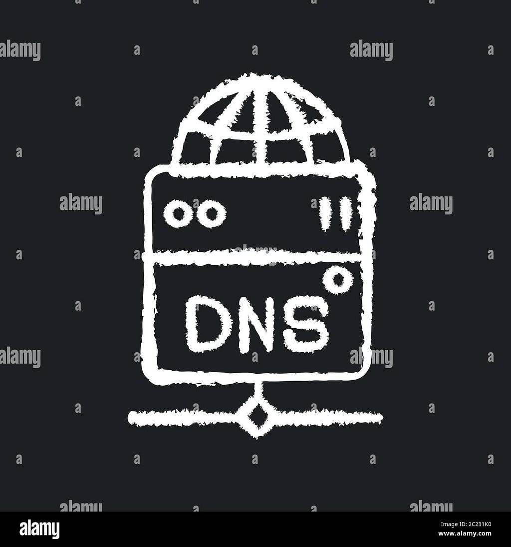 A white space rocket-like drawing line shape in white on a black background with “DNS” written on it.