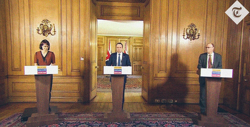 Photograph of 3 MP’s standing at podiums at a daily press briefing.