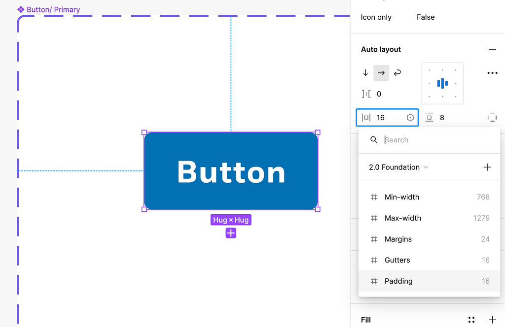 A button component selected in Figma with the local variables menu open and multiple variable listed; the ‘Padding’  item is highlighted