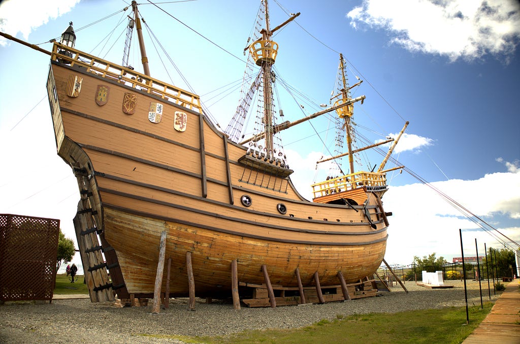 A full-sized replica of Victoria, the first ship to circumnavigate the globe, sits in a marine park in Chile
