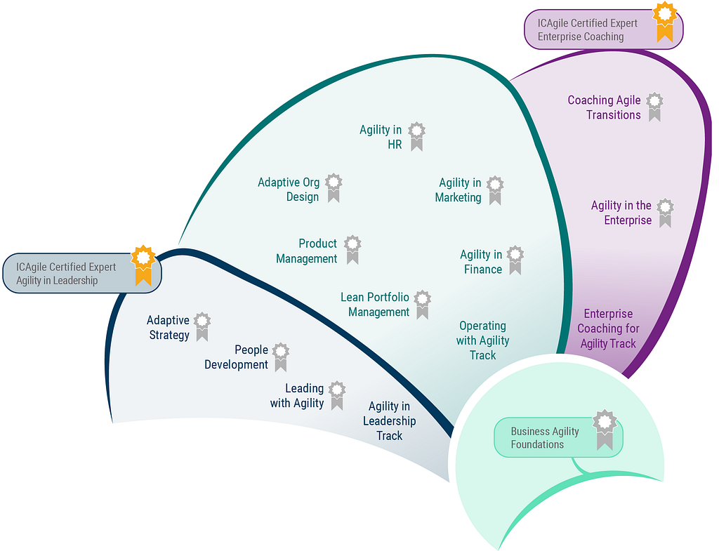 ICAgile’s Business Agility Learning Roadmap includes Agility in Leadership, Operating with Agility, and Enterprise Coaching.