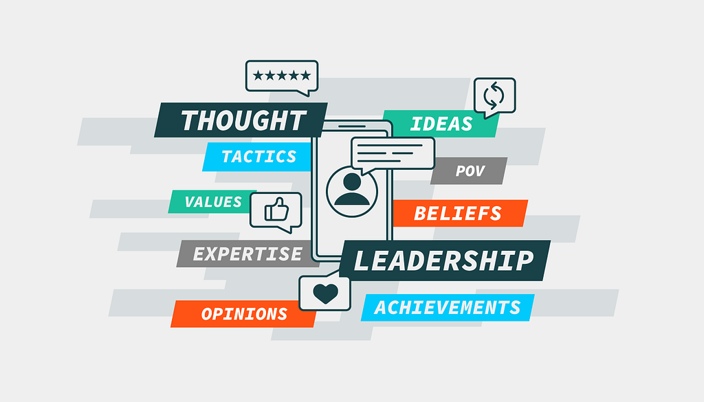 Illustration showing a mobile phone at the center with the words thought, tactics, values, expertise, opinions, ideas, P.O.V., beliefs, leadership, and achievements surrounding it.